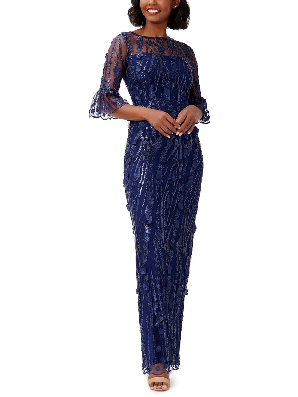 Adrianna Papell Woman’s Long 3D Floral Sequin Gown Size 12 Lightweight Navy NWT